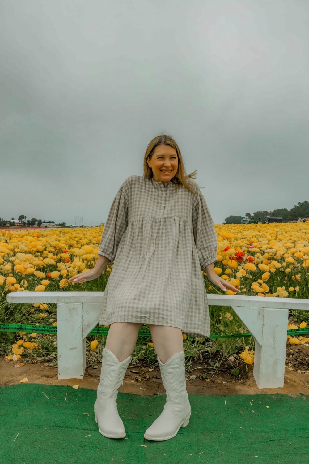 Gingham Mini Dress With White Cowgirl Boots — Simple Dress and Boots
