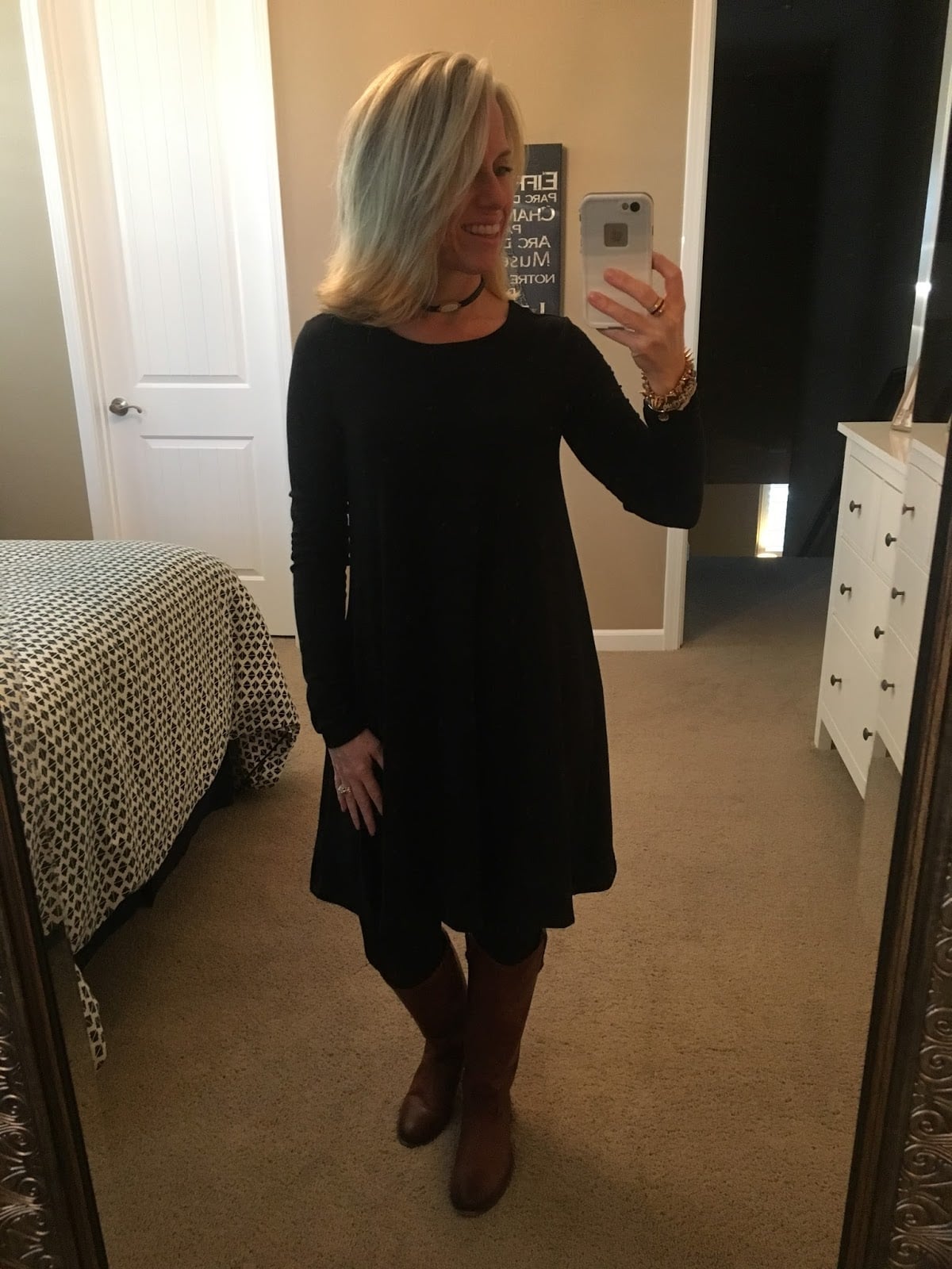 A-Line Dress Over Leggings With Brown Leather Boots — Simple Dress and Boots