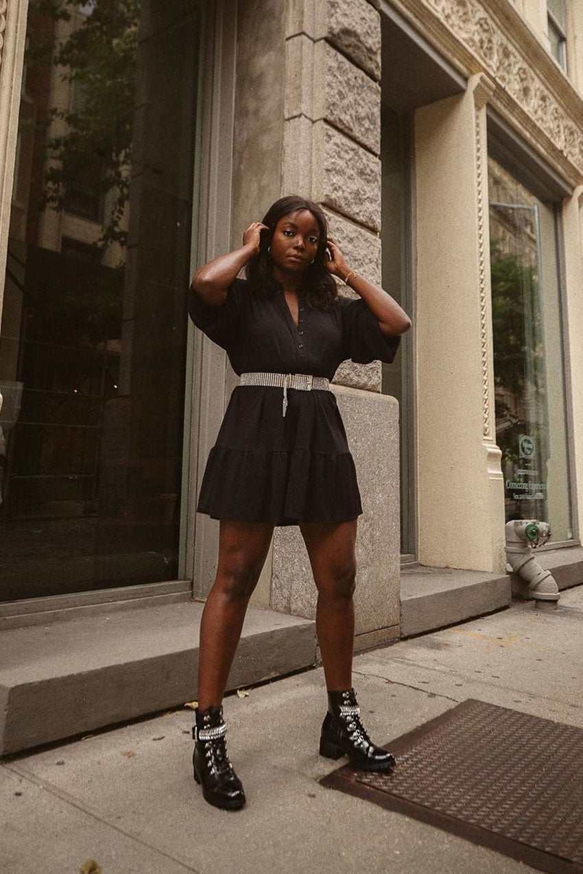 Tiered Mini Dress With Embellished Combat Boots — Simple Dress and Boots