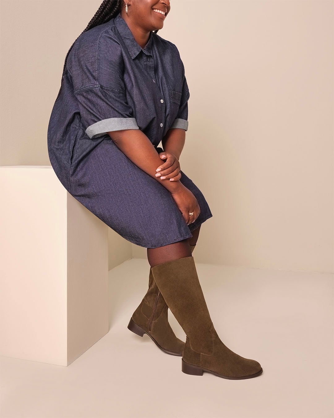 Oversized Denim Shirt Dress With Suede Boots — Simple Dress and Boots