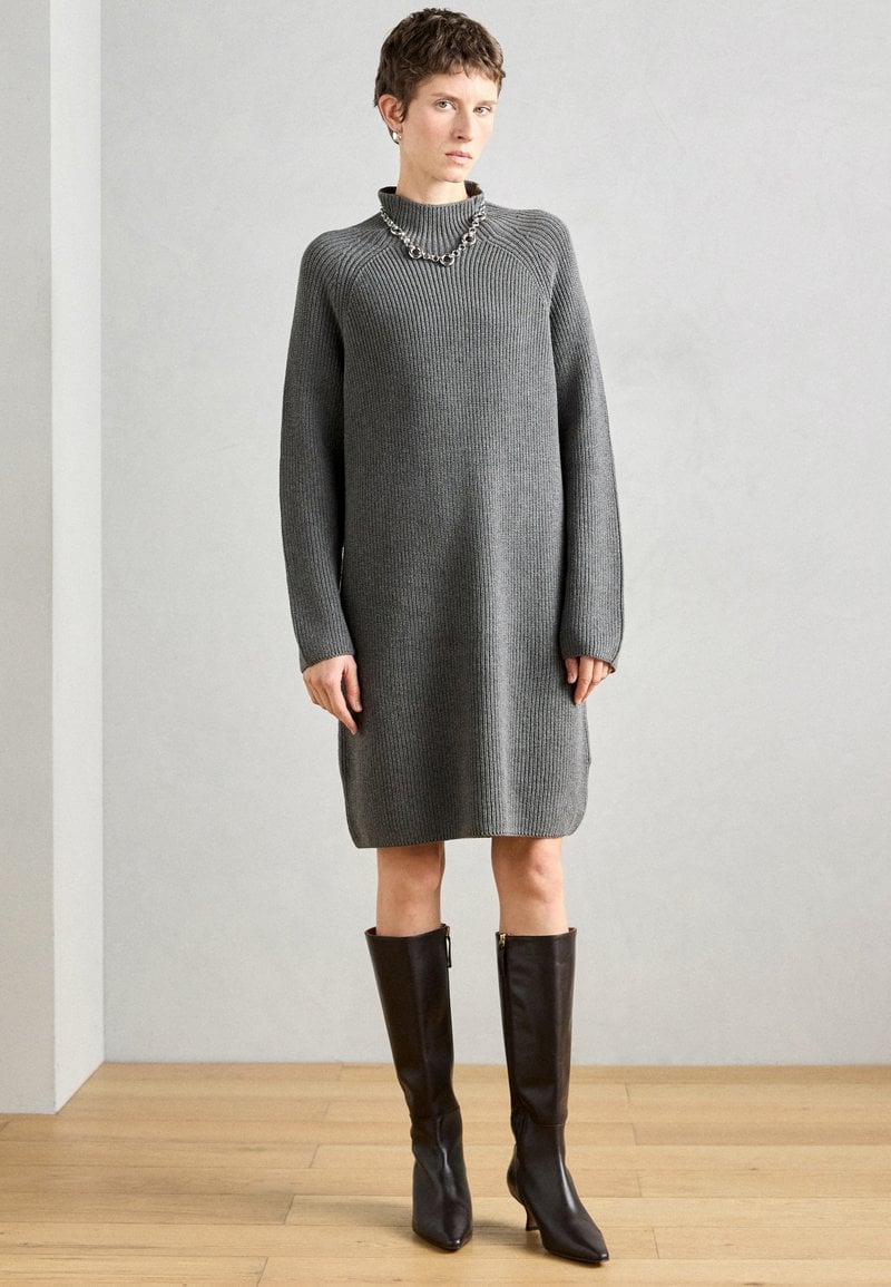 Ribbed Knit Dress With High Neckline And Leather Boots — Simple Dress and Boots