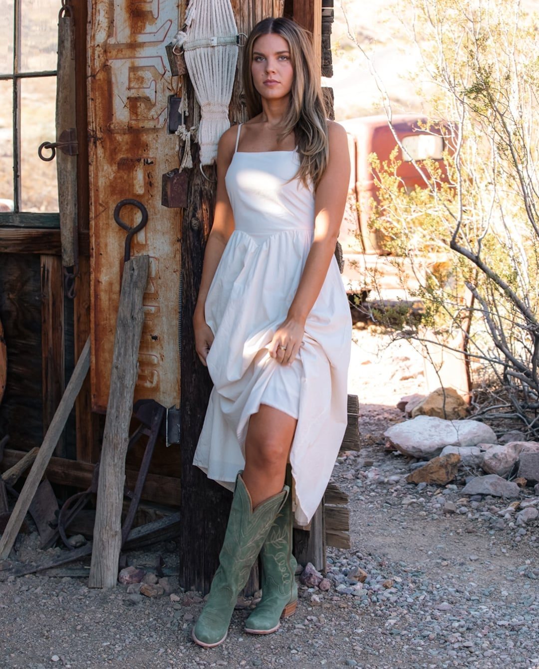 A-Line Spaghetti Strap Dress With Cowboy Boots — Simple Dress and Boots