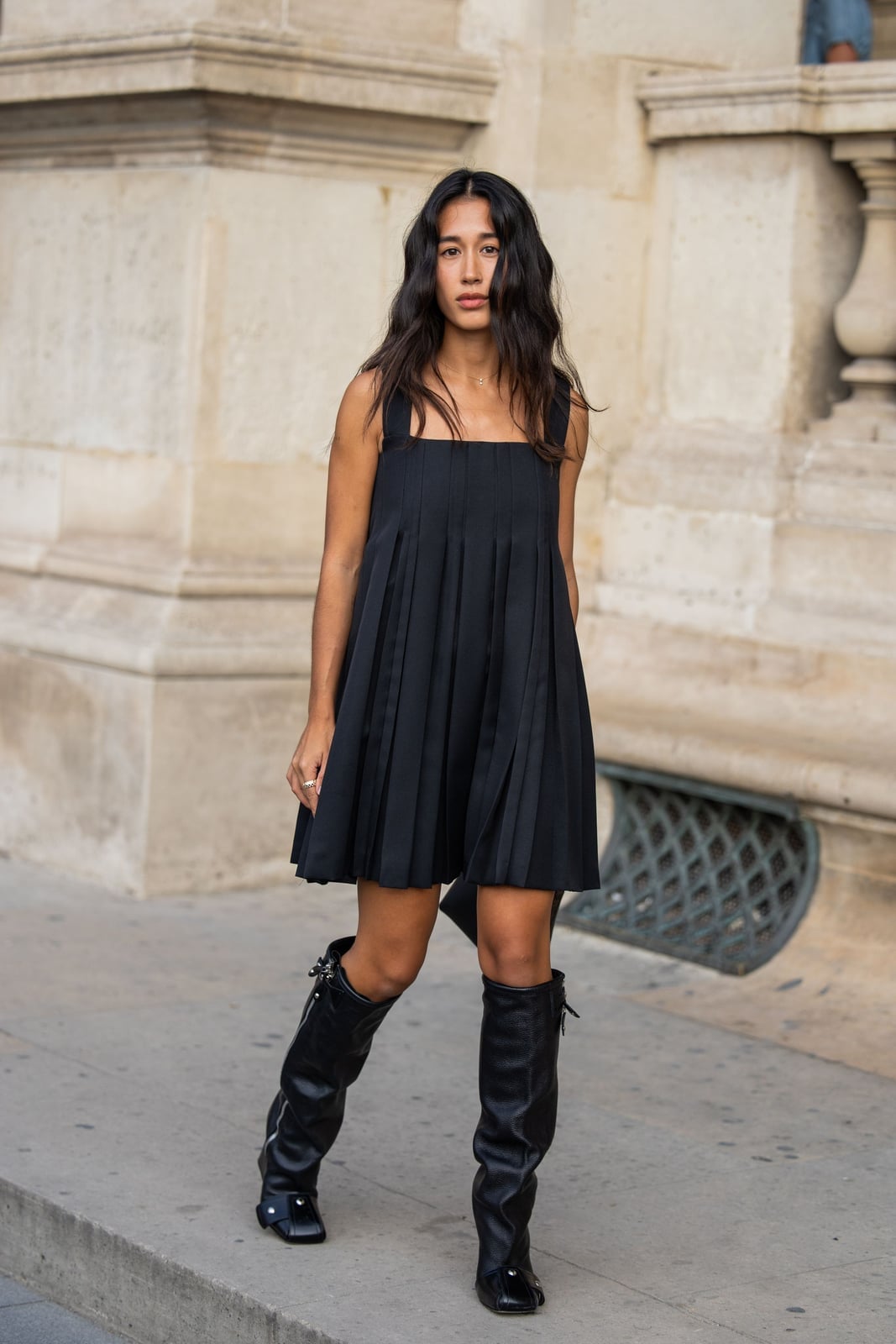 Pleated Mini Dress With Leather Boots And Clutch — Simple Dress and Boots