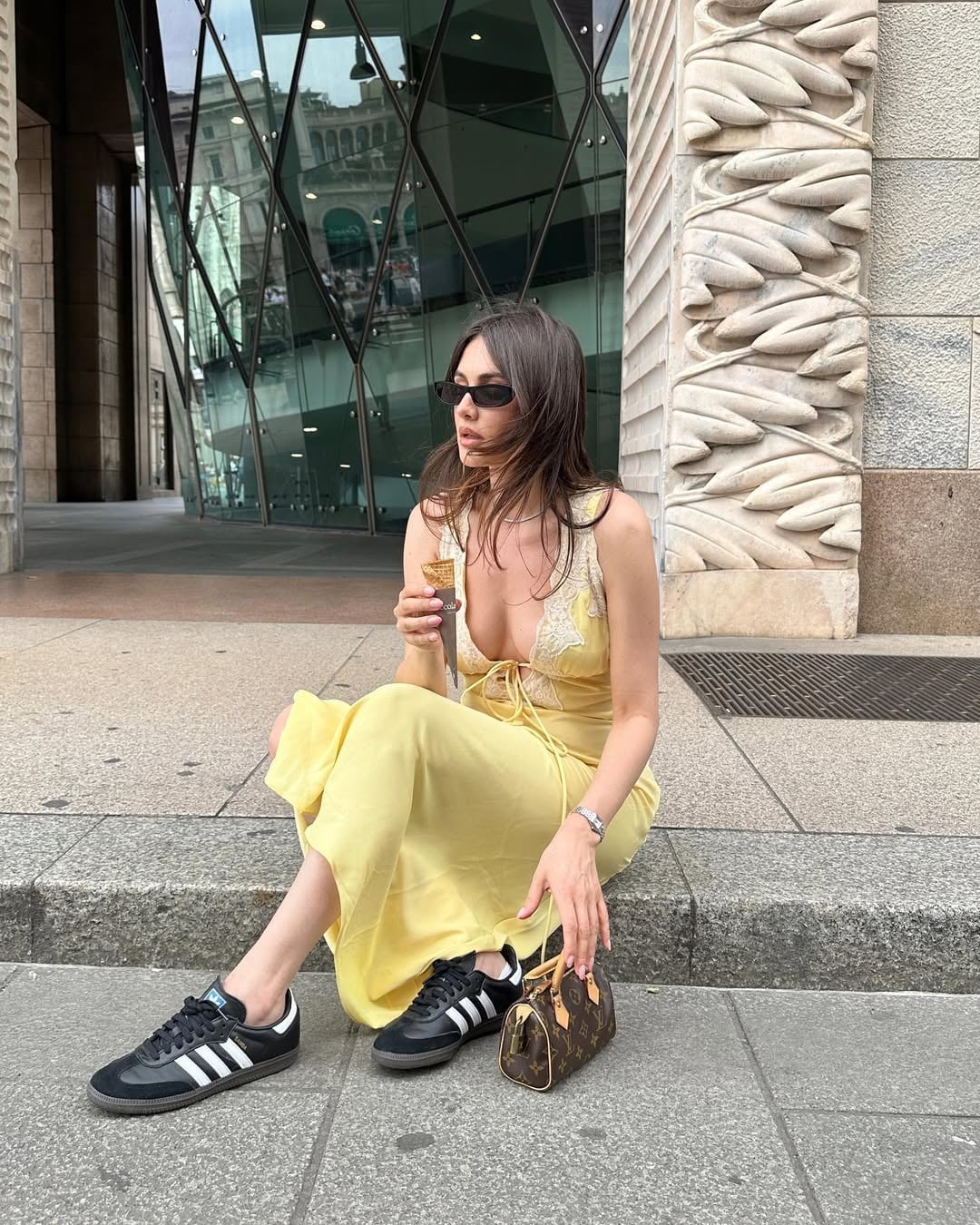 Yellow Lace-Trimmed Dress With Retro Sneakers — Simple Dress with Sneakers