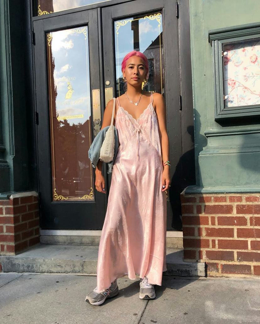 Pink Satin Slip Dress With Denim Jacket And Sneakers — Simple Dress with Sneakers