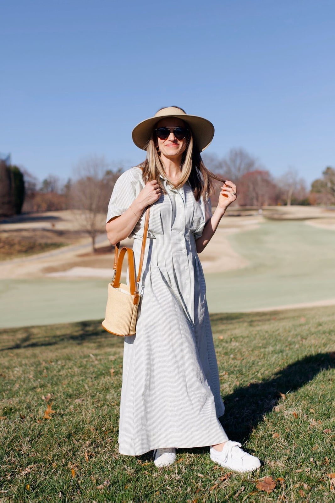 Pale Green Striped Shirt Dress With Straw Accessories — Simple Dress with Sneakers