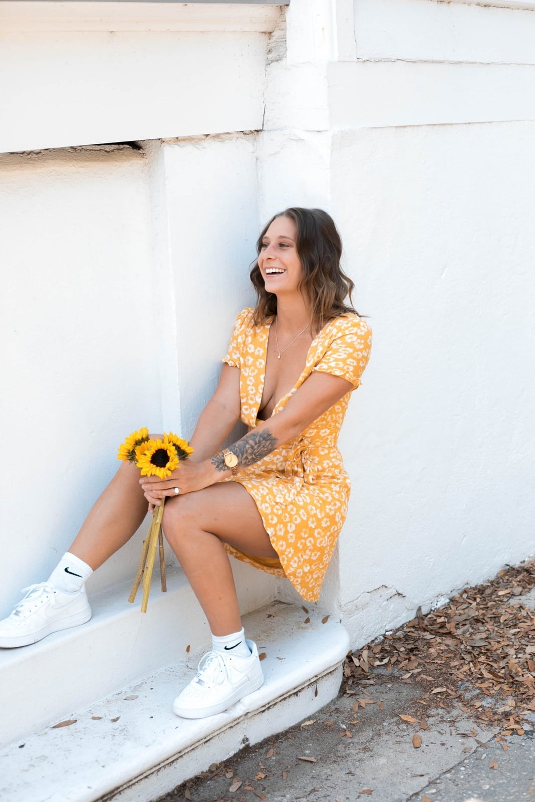 Yellow Floral Mini Dress With White Sneakers — Simple Dress with Sneakers
