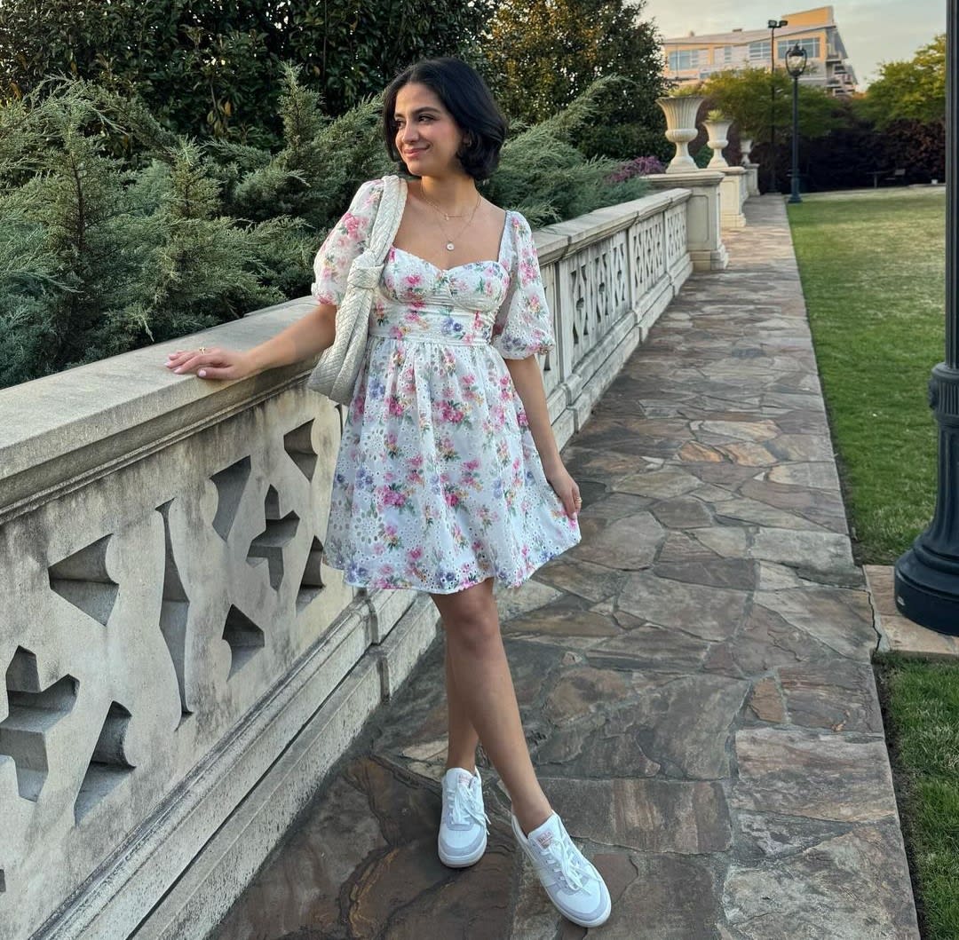 White Puff-Sleeve Mini Dress With Floral Embroidery — Simple Dress with Sneakers