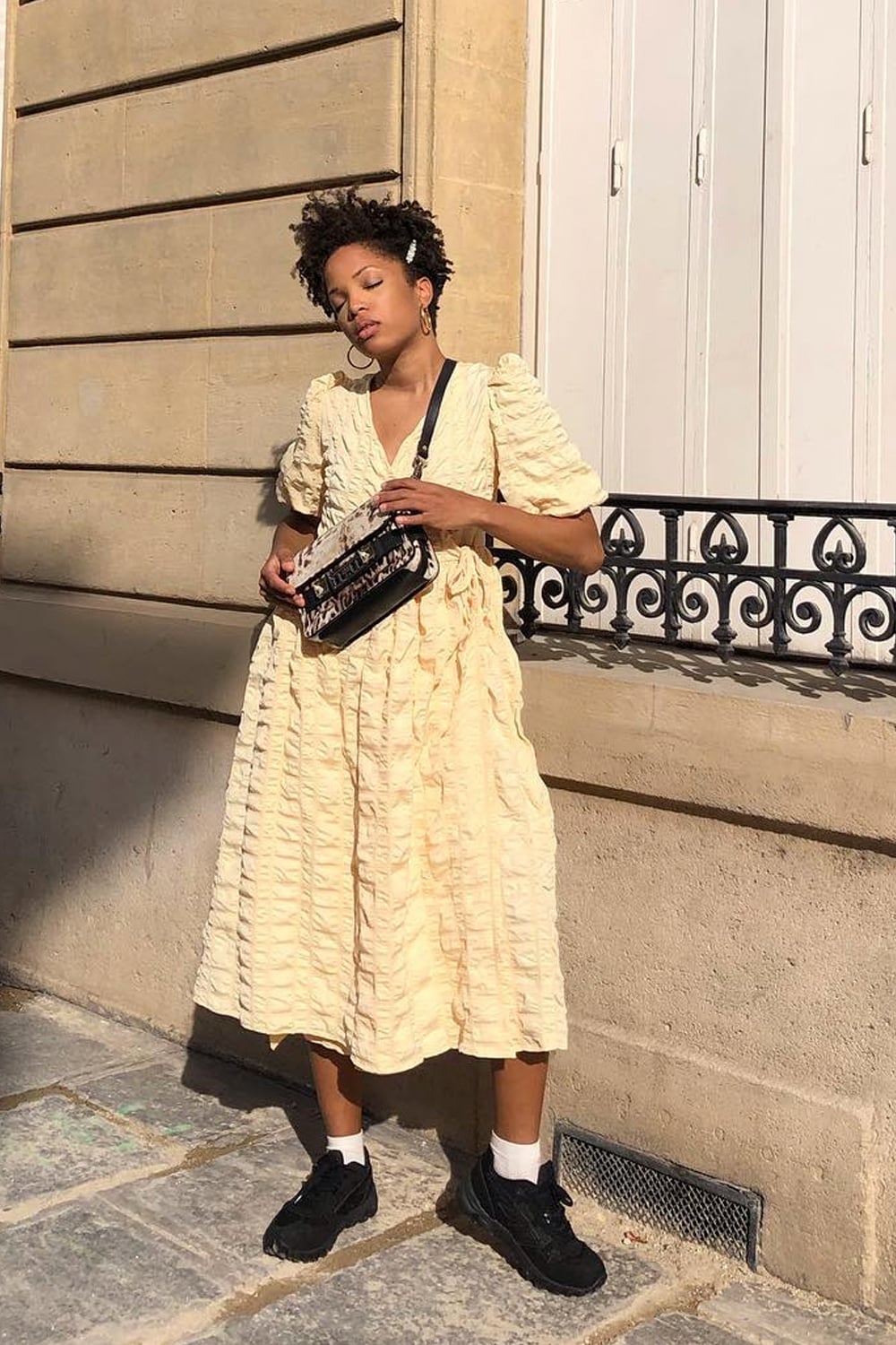 Pale Yellow Textured Midi Dress With Black Sneakers — Simple Dress with Sneakers