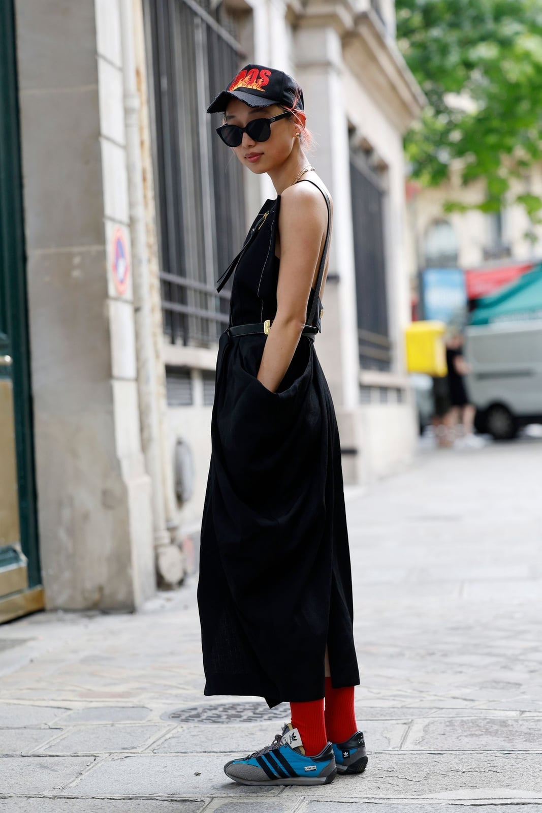 Black Sleeveless Dress With Red Socks And Sneakers — Simple Dress with Sneakers