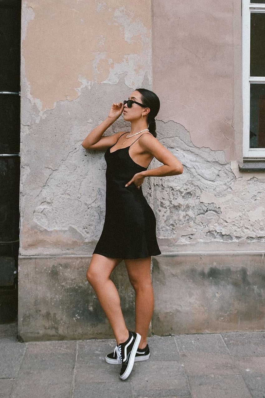 Black Satin Slip Dress With Canvas Sneakers — Simple Dress with Sneakers