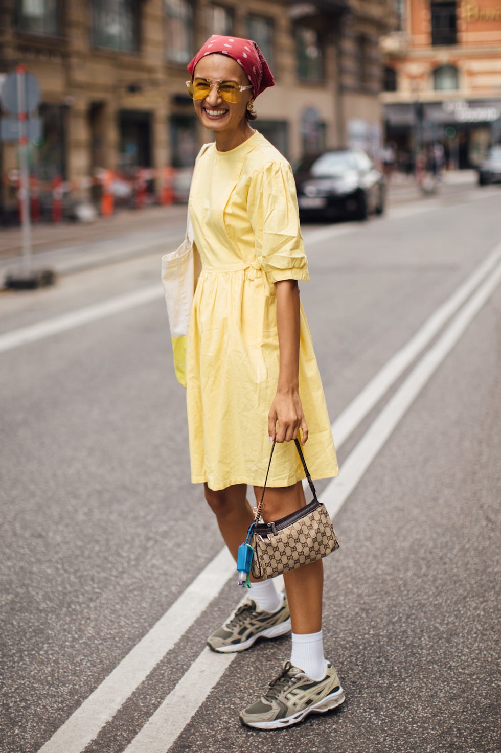 Yellow Puff-Sleeve Dress With Beige Sneakers — Simple Dress with Sneakers