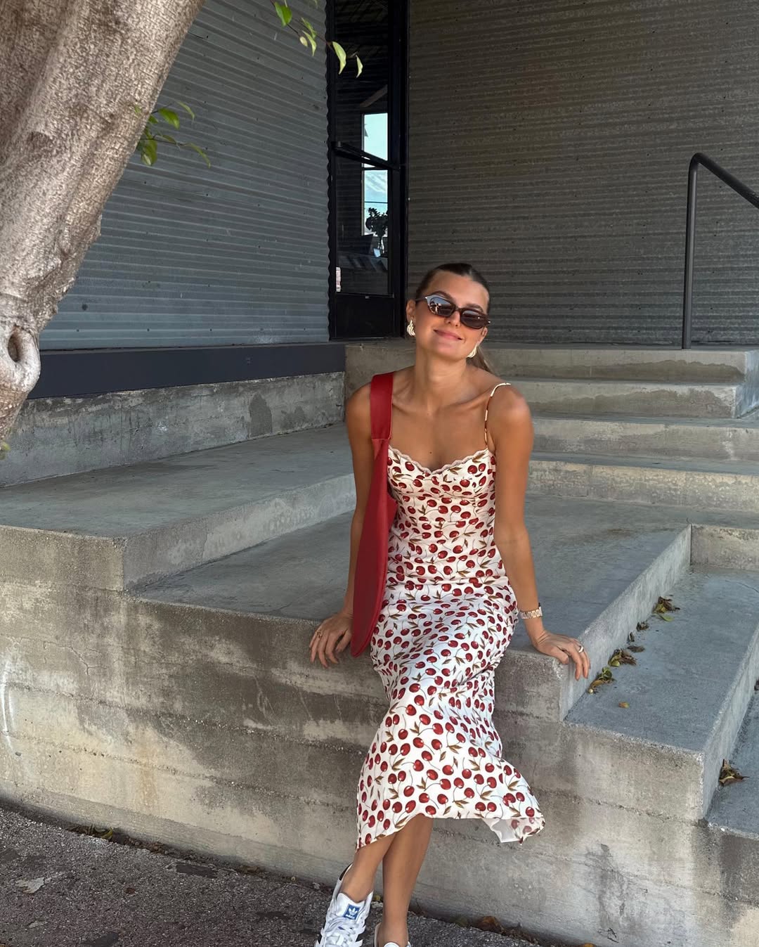 Cherry Print Slip Dress With White Sneakers — Simple Dress with Sneakers