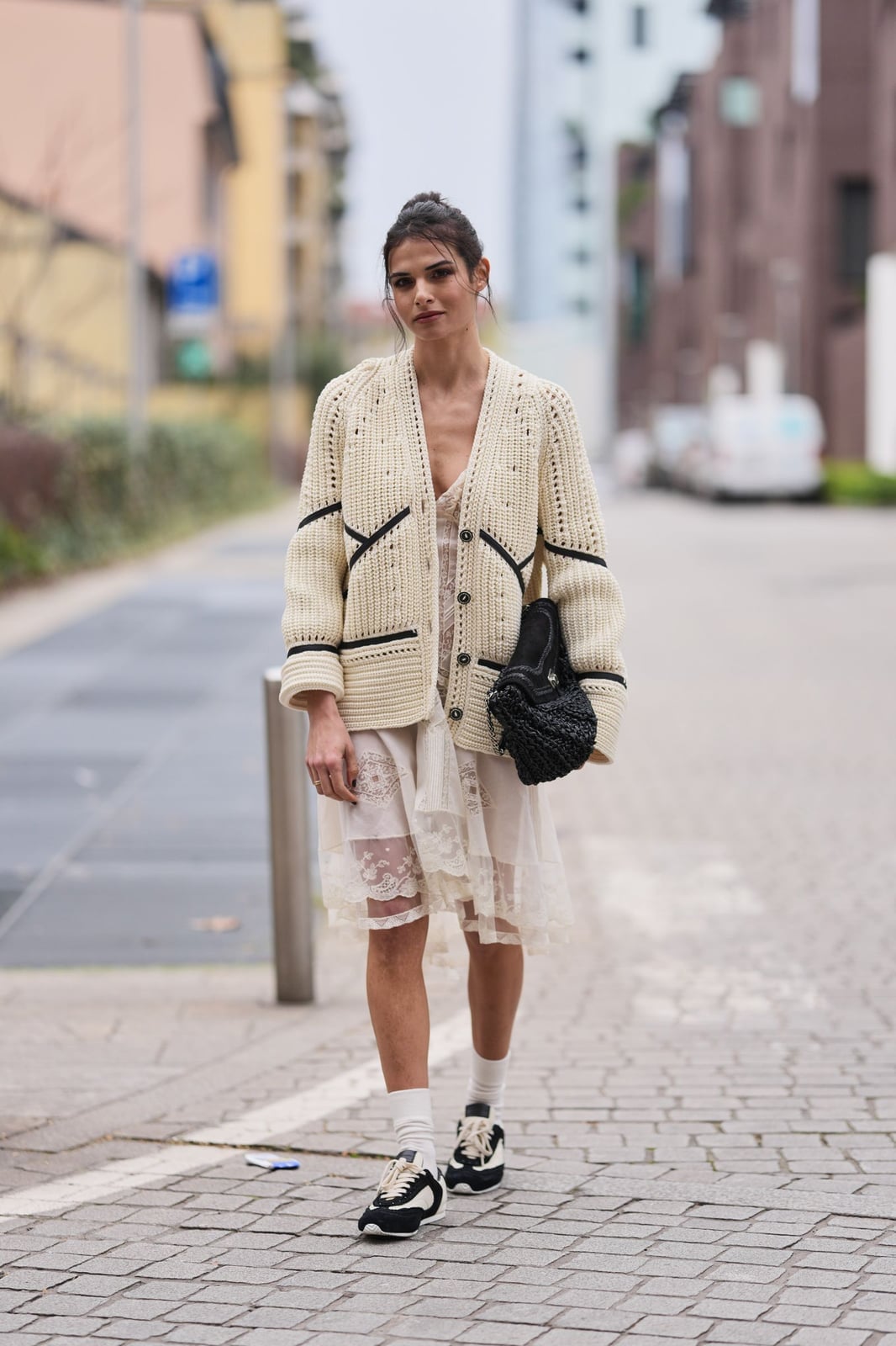 Knit Cardigan Over Slip Dress With Sneakers — Simple Dress with Sneakers