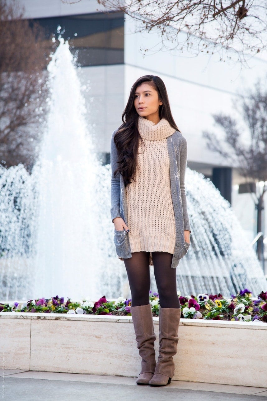 Beige Tunic Dress with Taupe Suede Boots and Cardigan — Simple Dresses and Boots Outfit