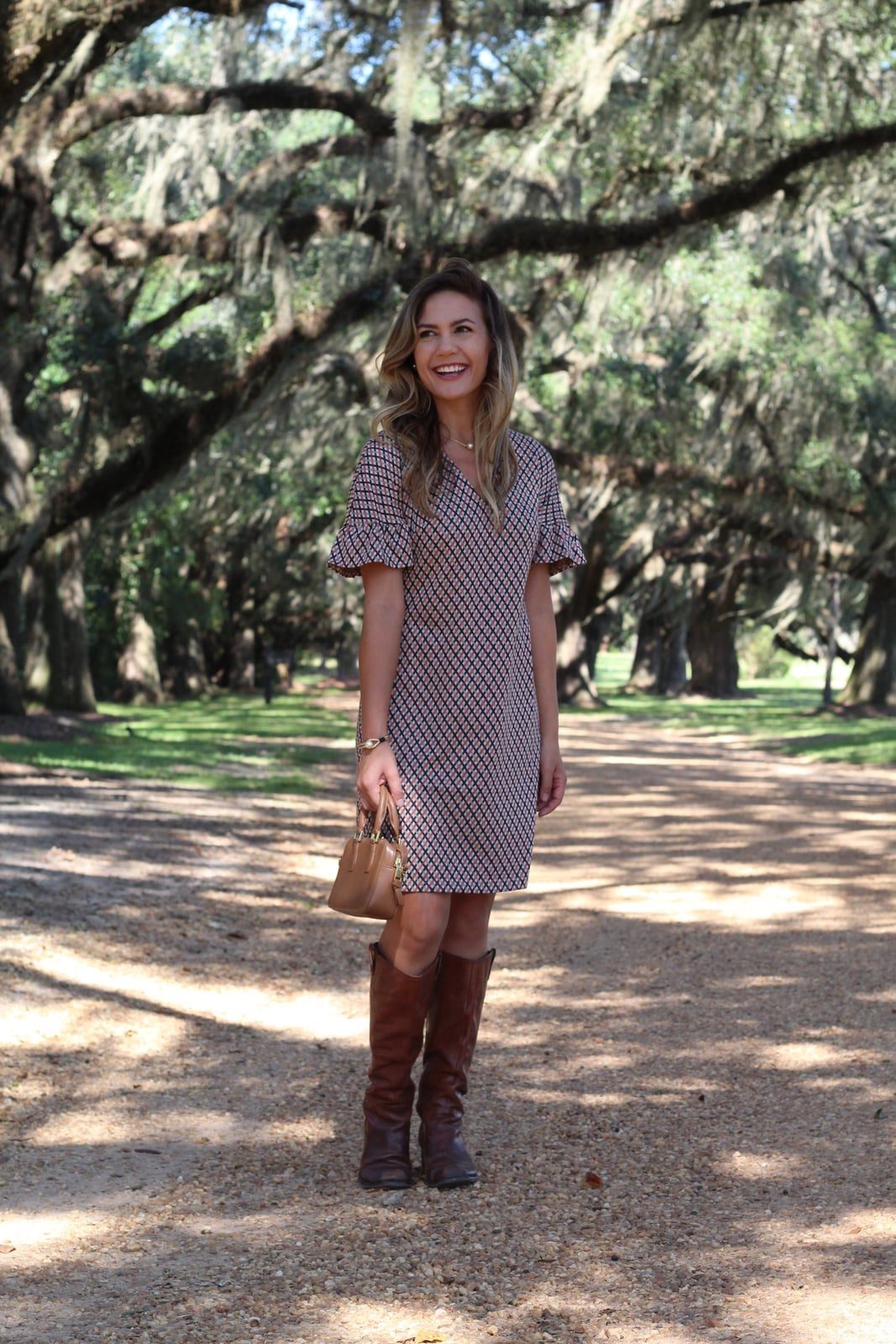 Geometric Print Dress with Brown Leather Boots — Simple Dresses and Boots Outfit