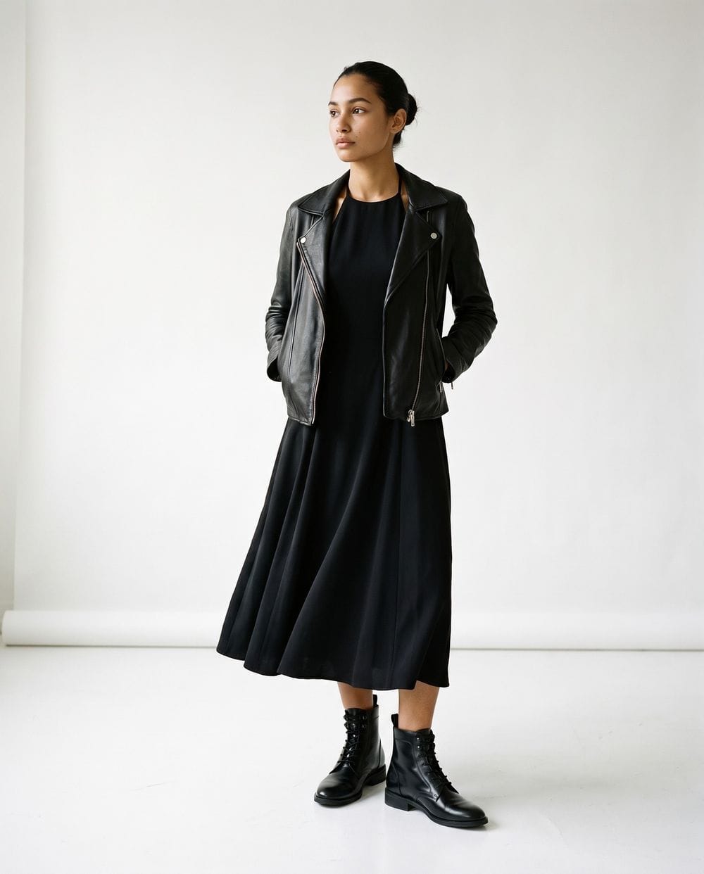 Black Midi Dress with Leather Jacket and Combat Boots — Simple Dresses and Boots Outfit