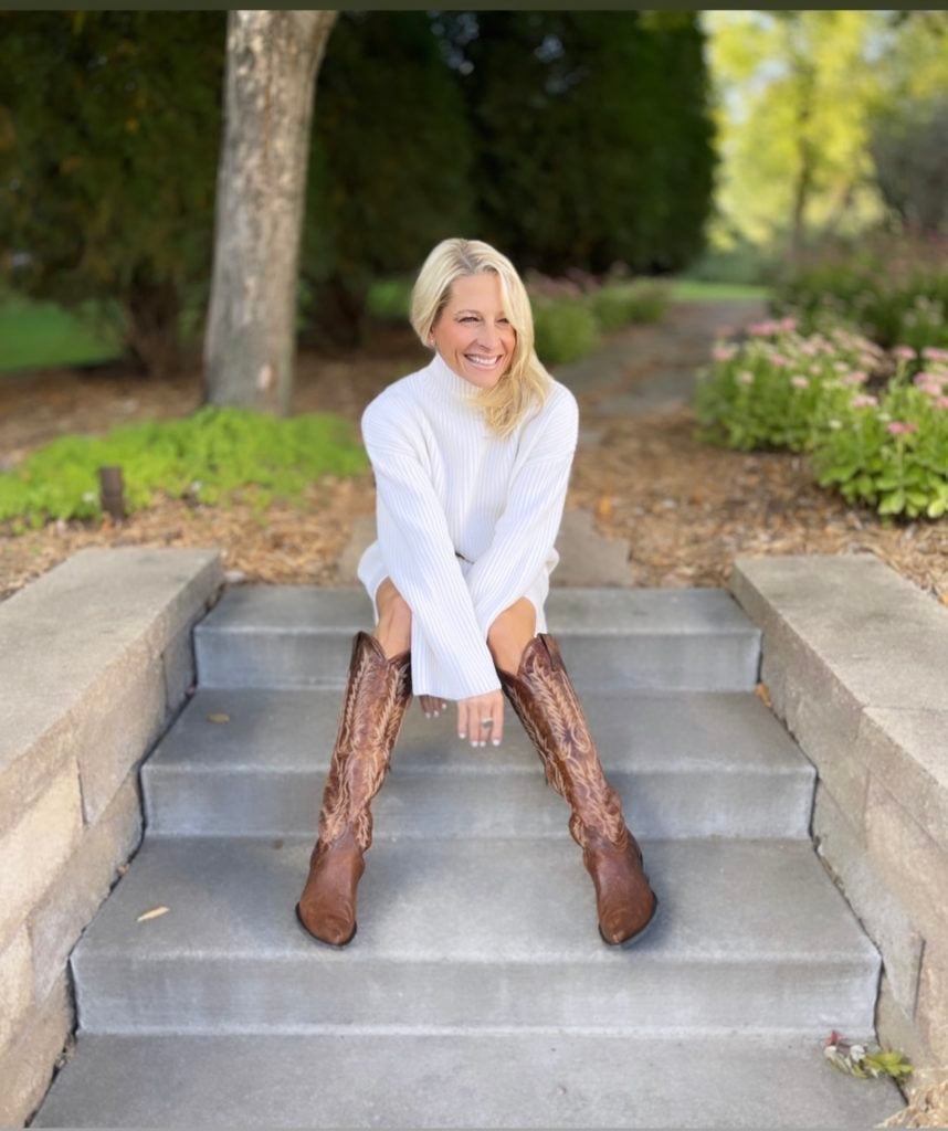 White Sweater Dress with Brown Embroidered Cowboy Boots, Close-Up Take — Simple Dresses and Boots Outfit