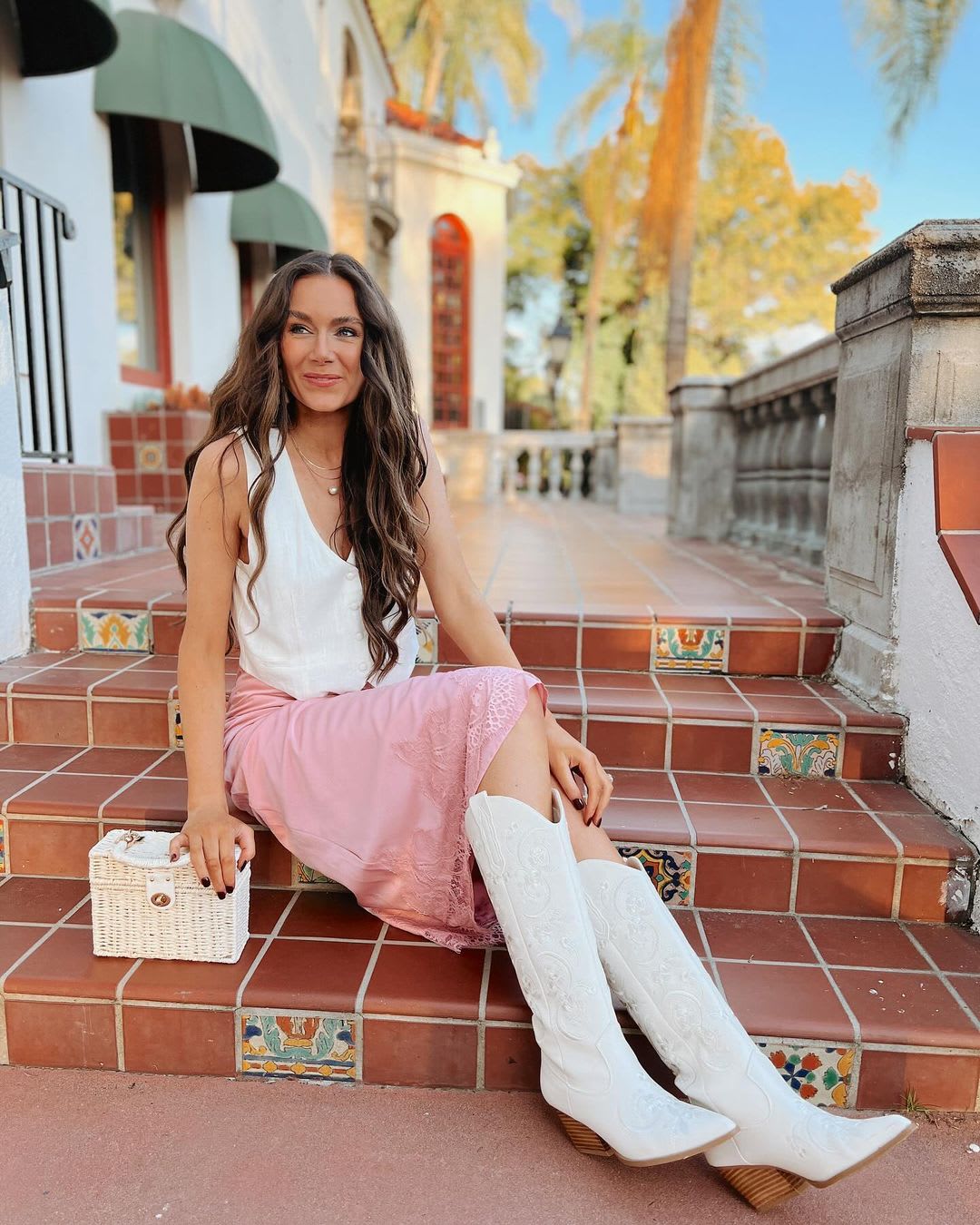 Pink Lace Skirt with White Cowboy Boots, Close-Up Take — Simple Dresses and Boots Outfit