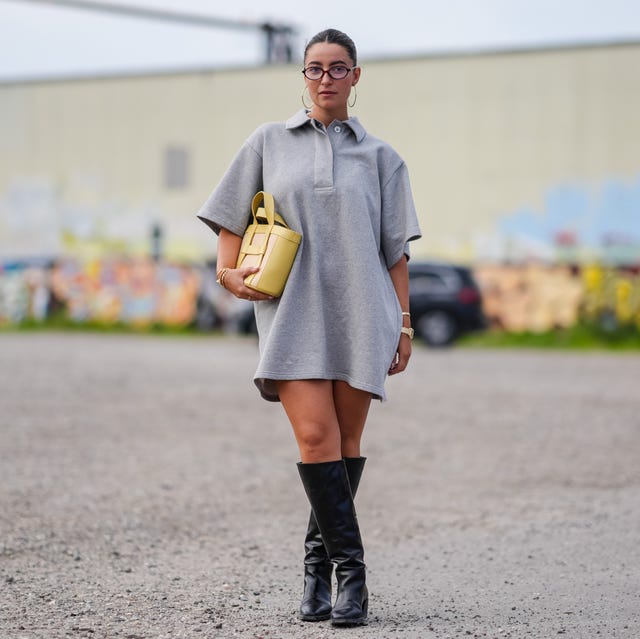 Grey Polo Dress with Black Knee-High Boots, Close-Up Take — Simple Dresses and Boots Outfit