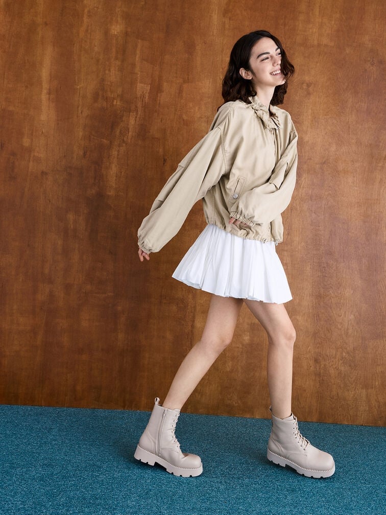 White Pleated Mini Skirt with Beige Lace-Up Boots — Simple Dresses and Boots Outfit