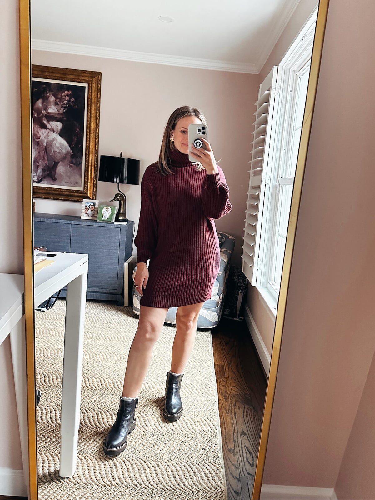 Burgundy Knit Dress with Black Chunky Boots — Simple Dresses and Boots Outfit