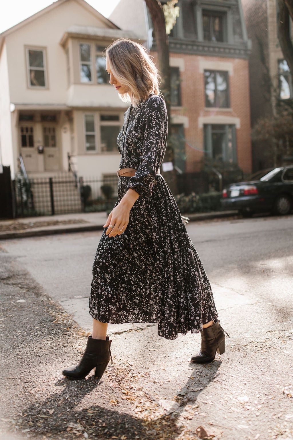 Floral Print Midi Dress with Black Ankle Boots — Simple Dresses and Boots Outfit