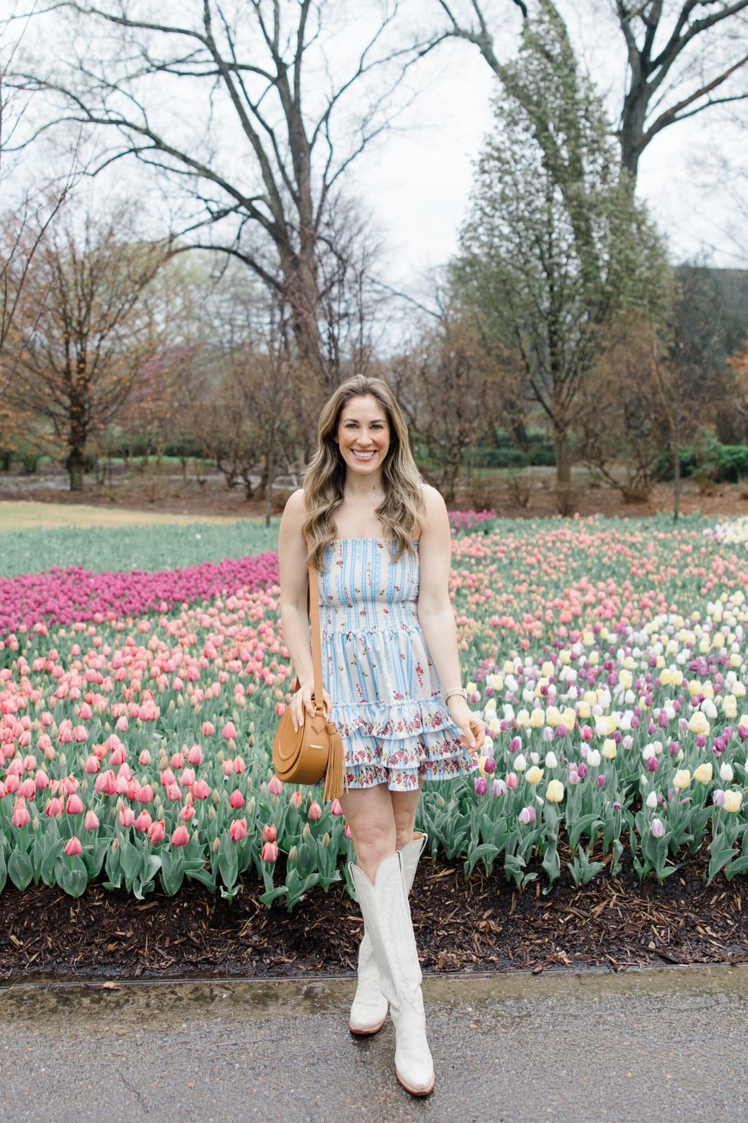 Blue Striped Dress with White Cowboy Boots — Simple Dresses and Boots Outfit