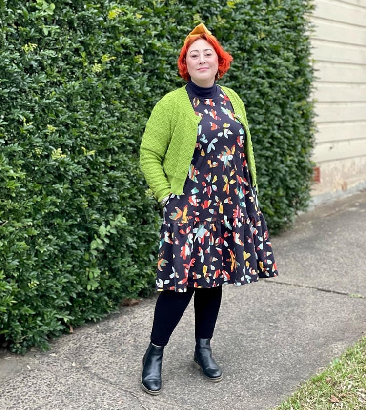 Black Butterfly Print Dress with Green Cardigan and Ankle Boots — Simple Dresses and Boots Outfit