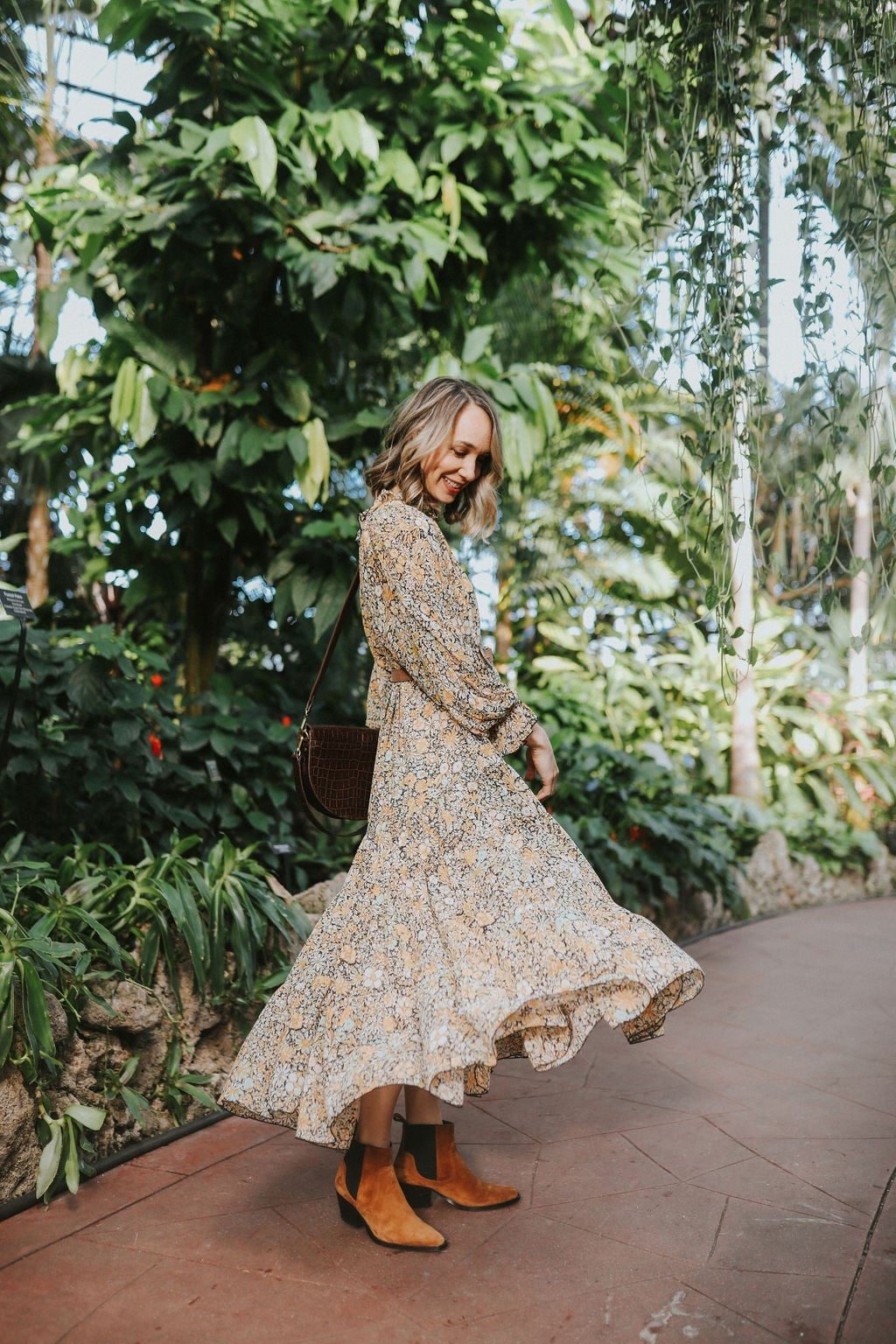 Floral Print Midi Dress with Brown Suede Ankle Boots, A-Line — Simple Dresses and Boots Outfit