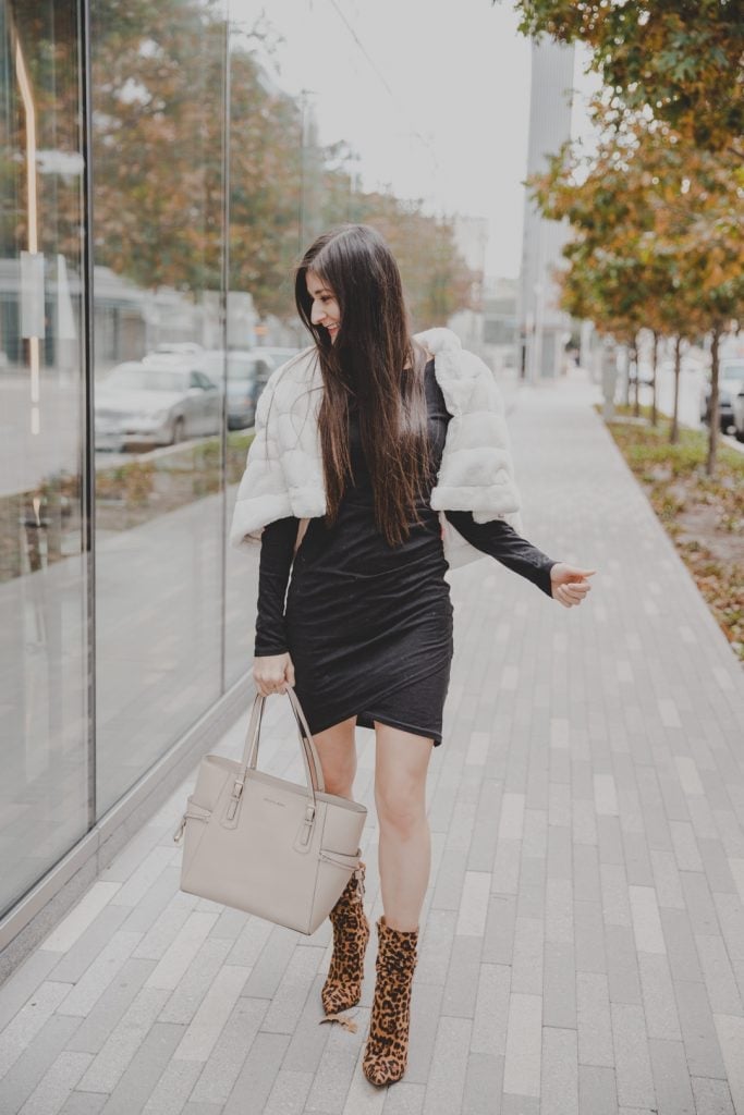 Black Ruched Dress with Leopard Print Ankle Boots — Simple Dresses and Boots Outfit