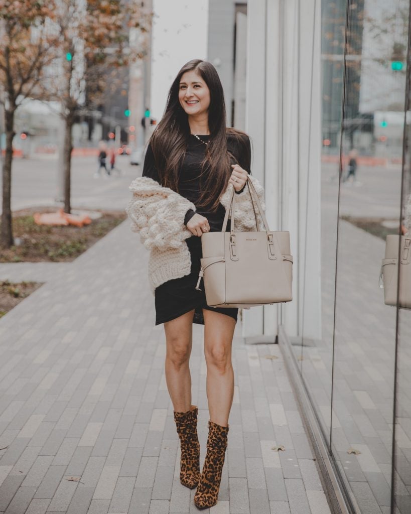 Black Dress with Leopard Print Booties and Cardigan and Grey Tote Bag — Simple Dresses and Boots Outfit