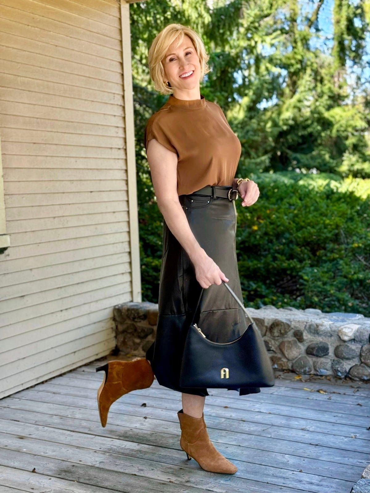 Tan Ankle Boots with a Leather Midi Skirt and Silk Blouse — Simple Dresses and Boots Outfit