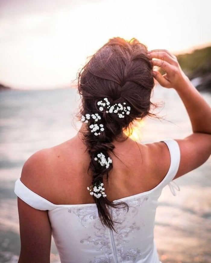 Long Dark Brown Braid With Flowers Long Dark Brown Braid With Flowers — Simple Dresses Hairstyles