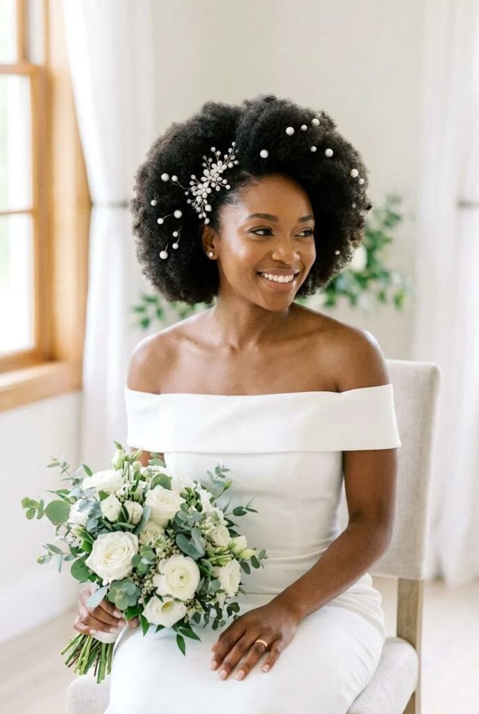 Voluminous Natural Afro With Pearls Voluminous Natural Afro With Pearls — Simple Dresses Hairstyles