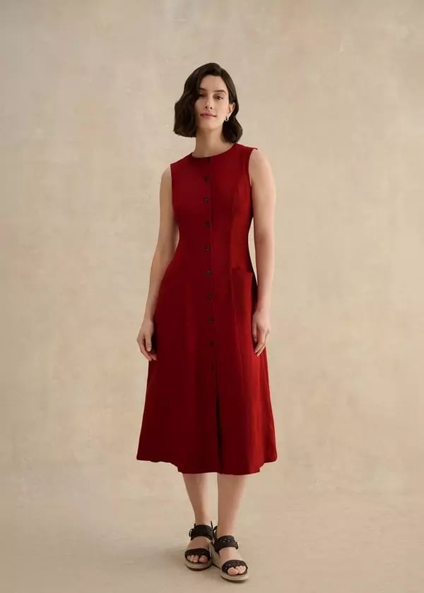 Deep Red Linen Blend Midi Dress Deep Red Linen Blend Midi Dress — Simple Dresses to Wear