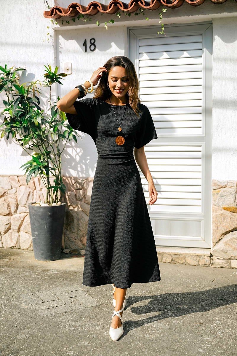 Textured Black Short-Sleeve Midi Dress Textured Black Short-Sleeve Midi Dress — Simple Dresses to Wear