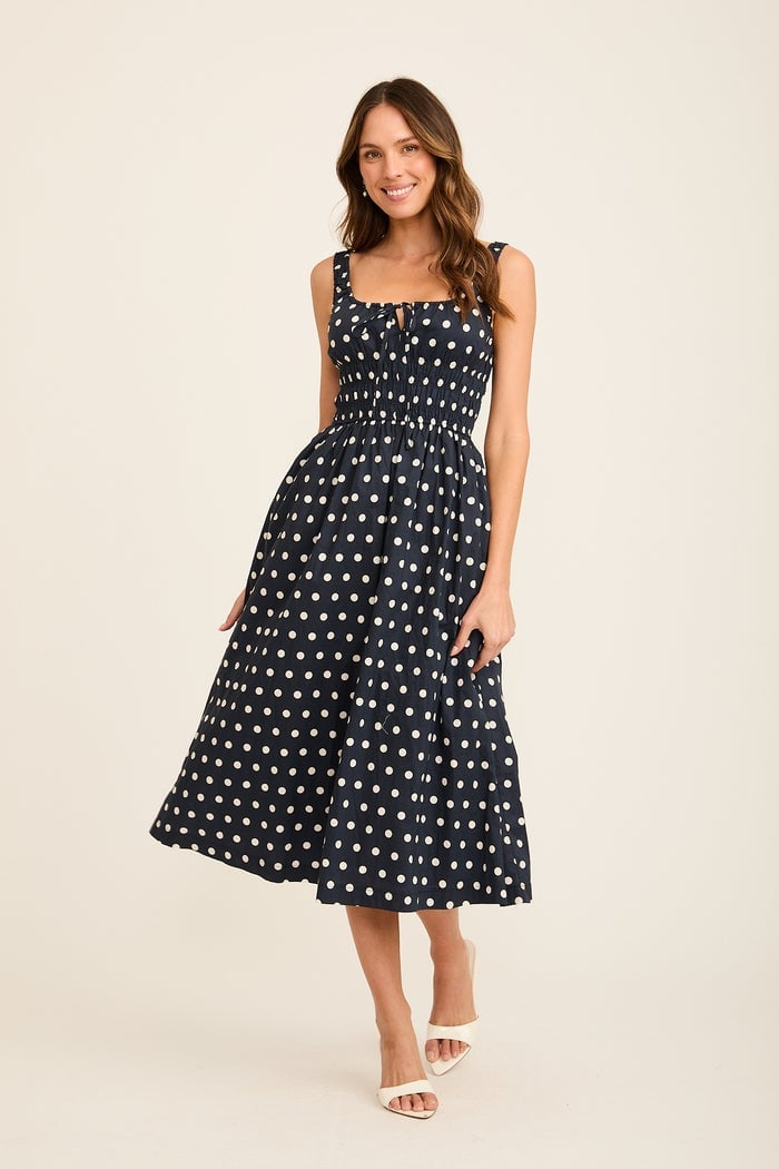 Navy Blue Polka Dot Sleeveless Midi Dress Navy Blue Polka Dot Sleeveless Midi Dress — Simple Dresses to Wear