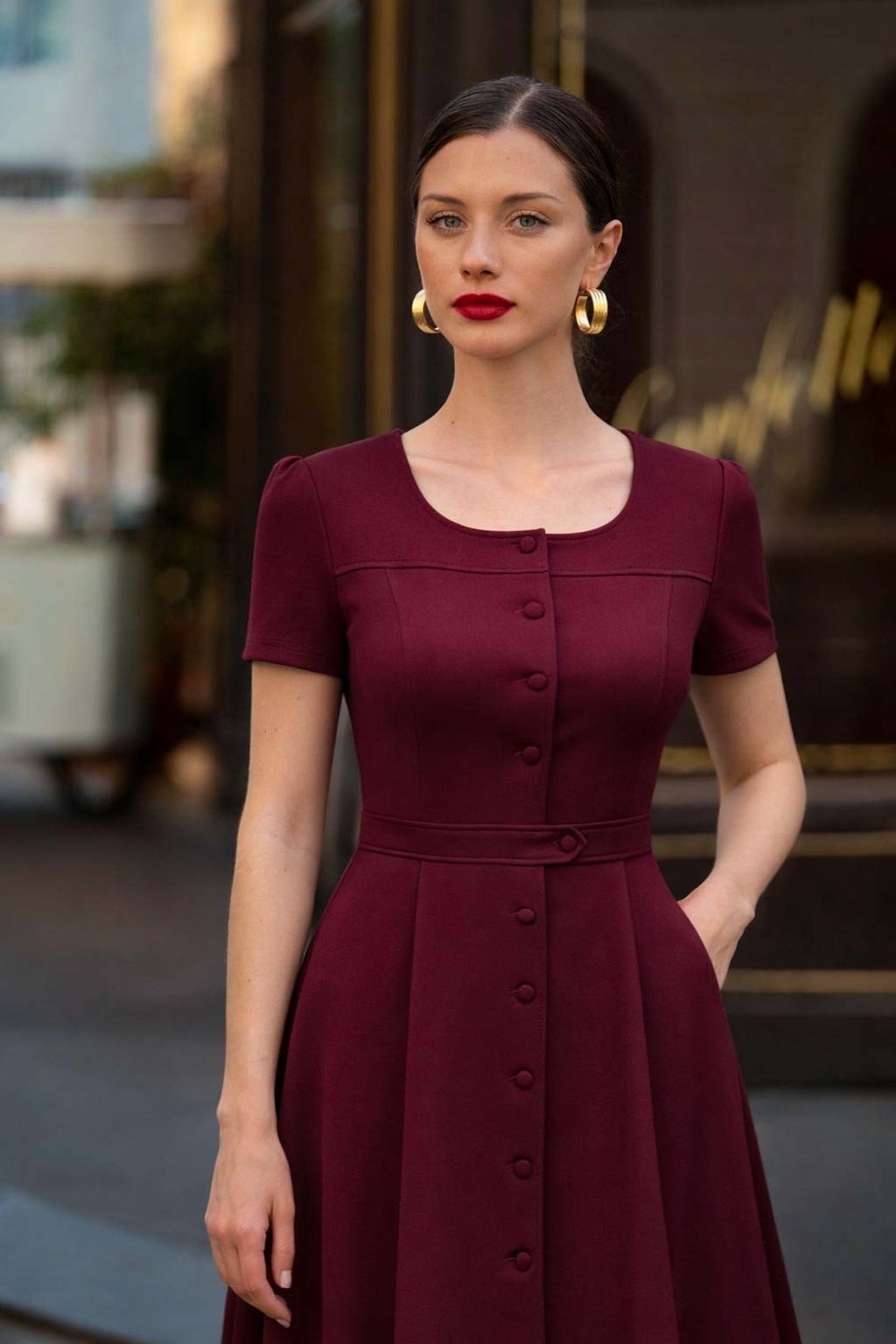 Burgundy Crepe Button-Front Midi Dress Burgundy Crepe Button-Front Midi Dress — Simple Dresses to Wear