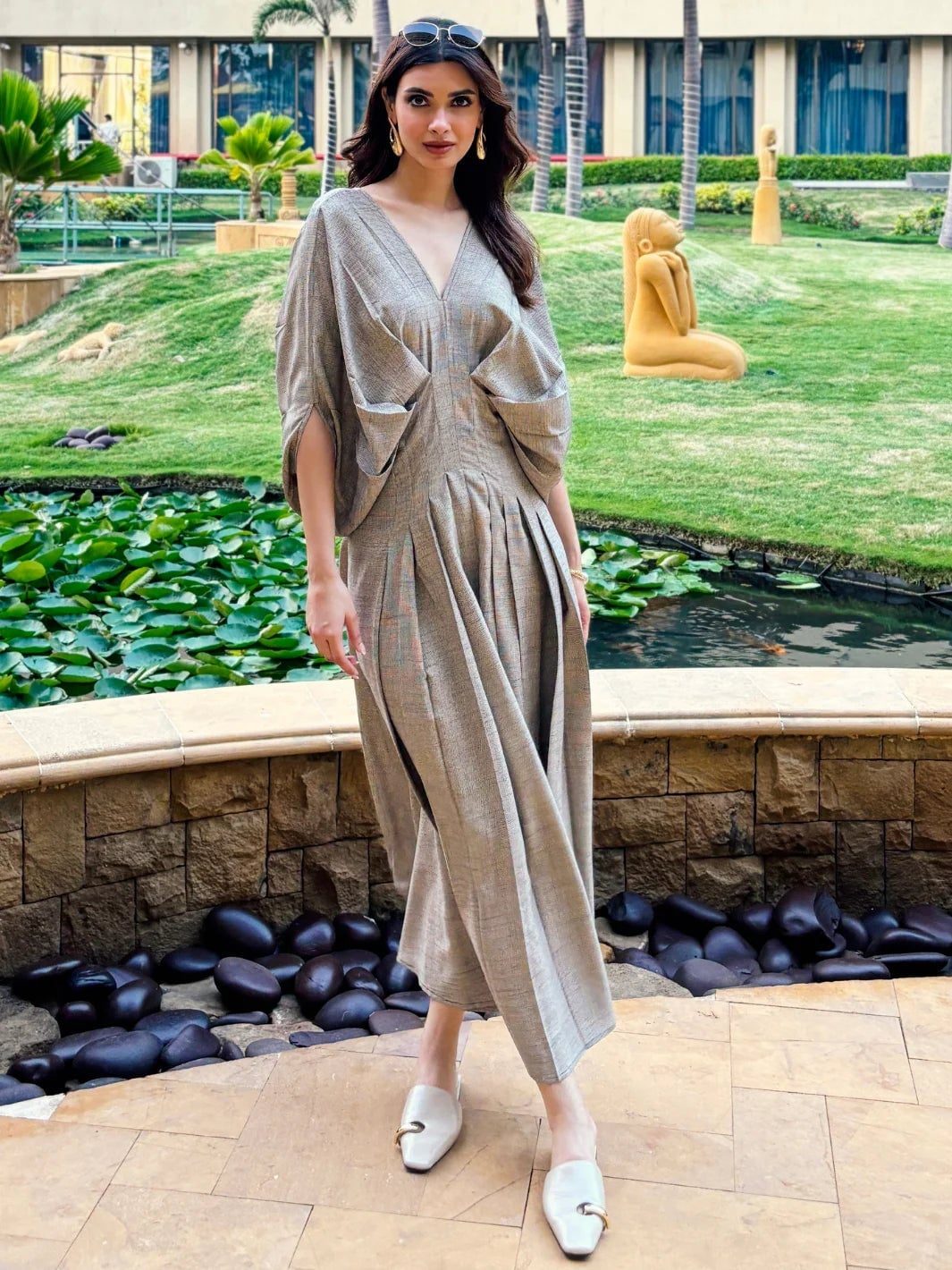 Neutral Beige Linen Blend Dress with Draped Sleeves Neutral Beige Linen Blend Dress with Draped Sleeves — Simple Dresses to Wear