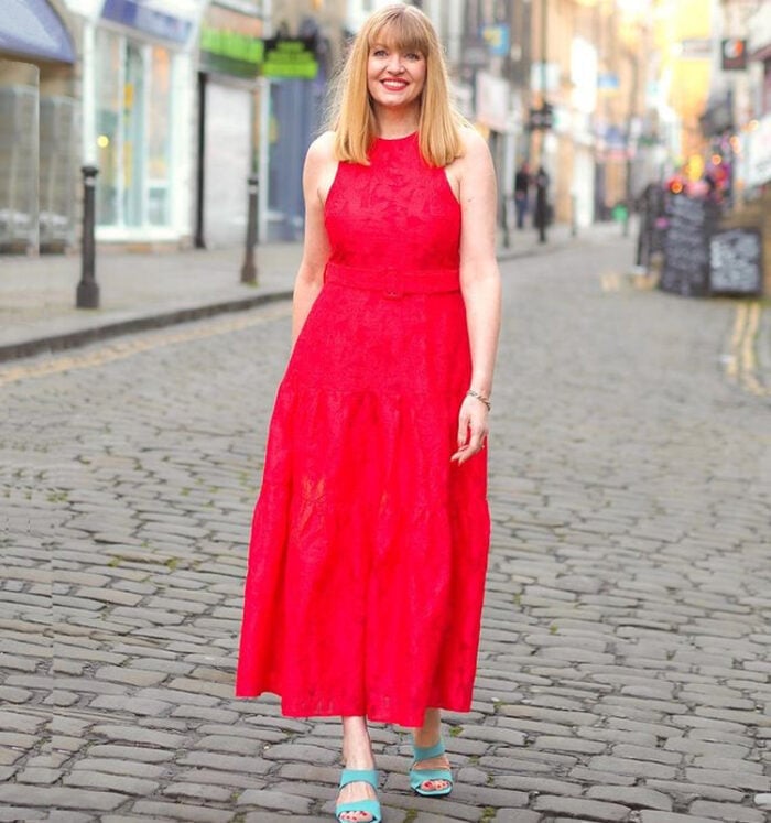 Bright Red Textured Halter Neck Midi Dress Bright Red Textured Halter Neck Midi Dress — Simple Dresses to Wear