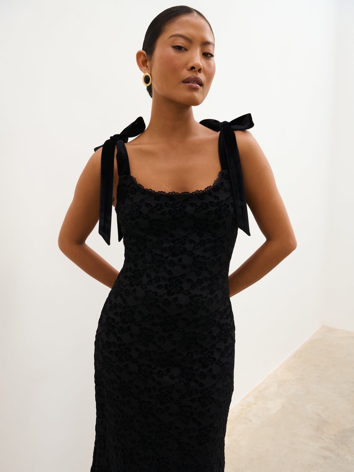 Black Lace Mini Dress with Velvet Ties and Gold Stud Earrings — Simple Dressy Outfits