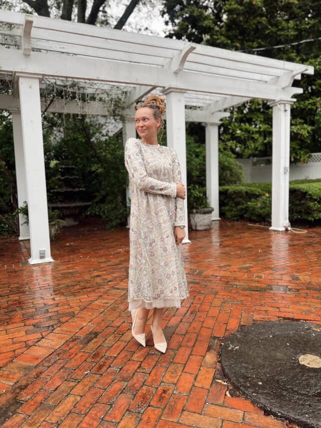 White Printed Dress with Lace Trim — Simple Dressy Outfits