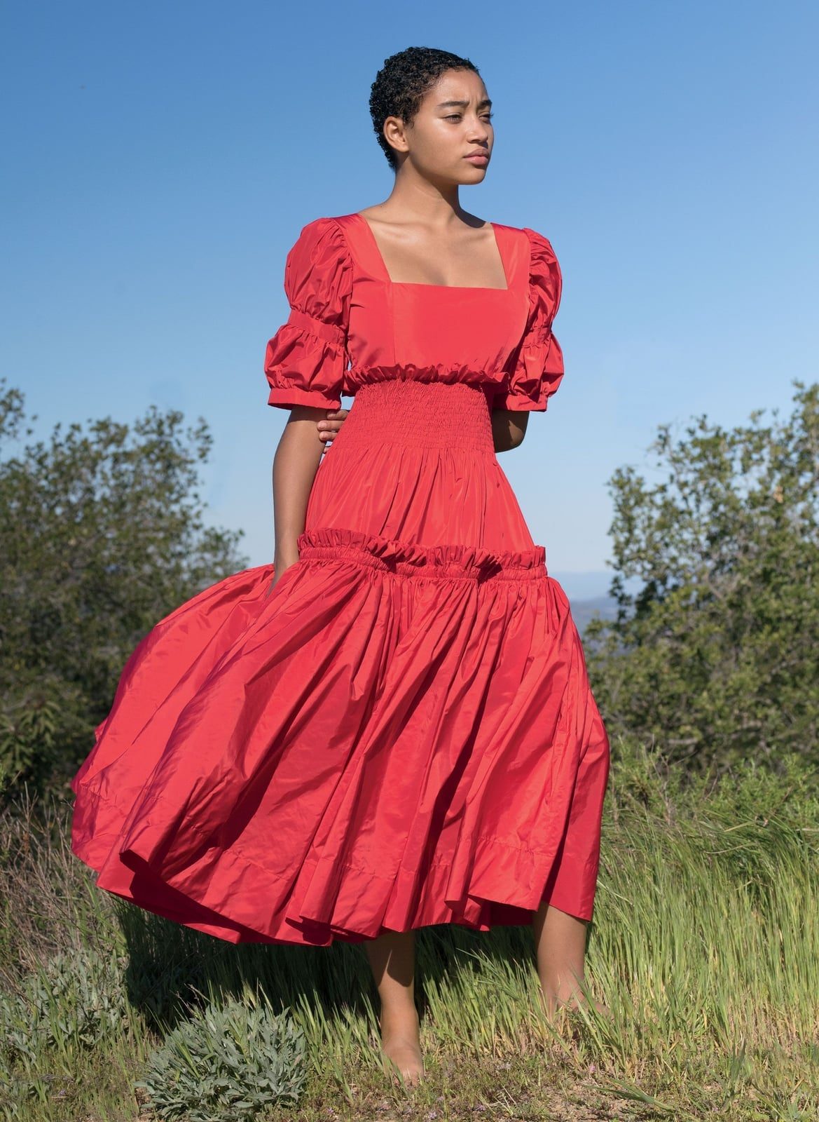 Vibrant Red Puff Sleeve Midi Dress — Simple Dressy Outfits