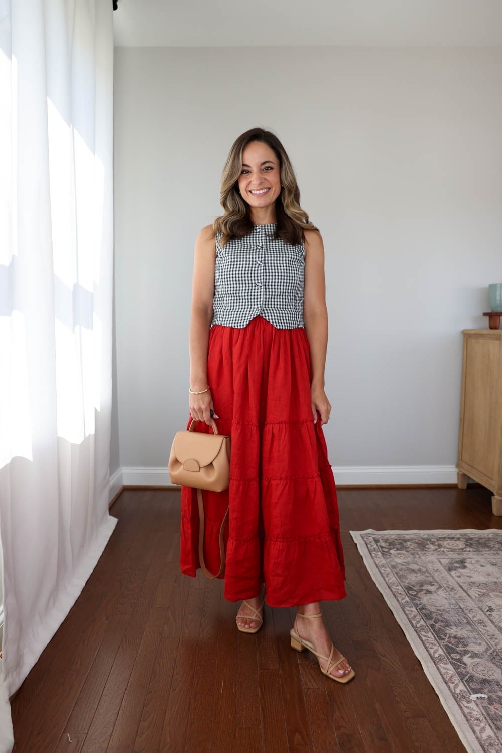 Gingham Vest Over Red Tiered Linen Skirt — Simple Dressy Outfits