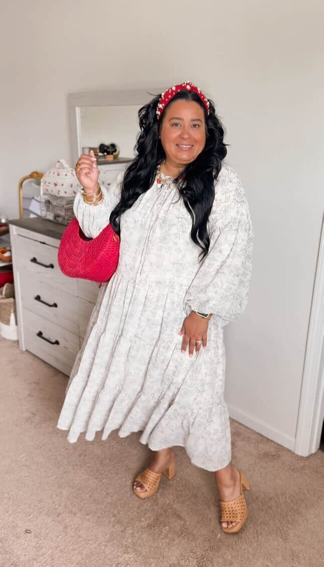Off-White Textured Dress with Red Handbag — Simple Dressy Outfits