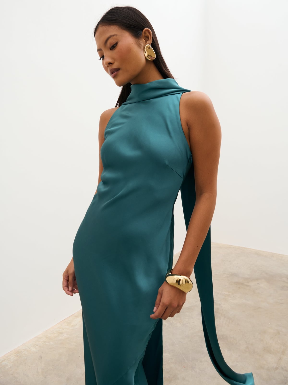 Teal Satin High-Neck Dress with Draped Back — Simple Dressy Outfits