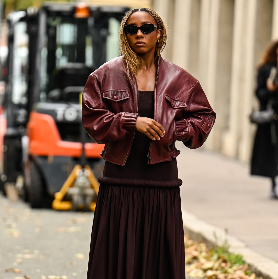 Burgundy Bomber Jacket Over Flowing Dress, Close-Up Take — Simple Dressy Outfits