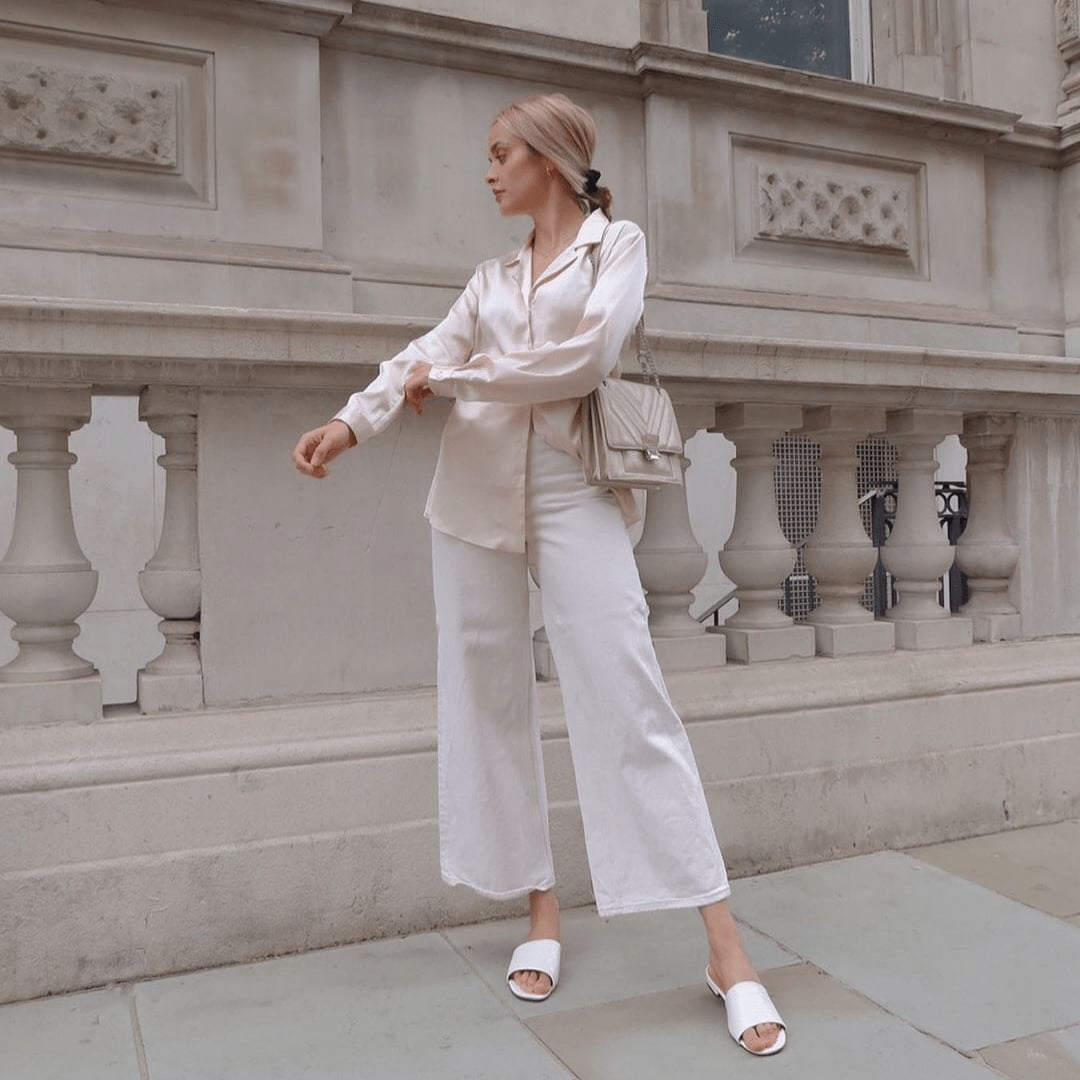 Cream Silk Blouse and Wide-Leg Trousers With White Slide Sandals — Simple Dressy Outfits