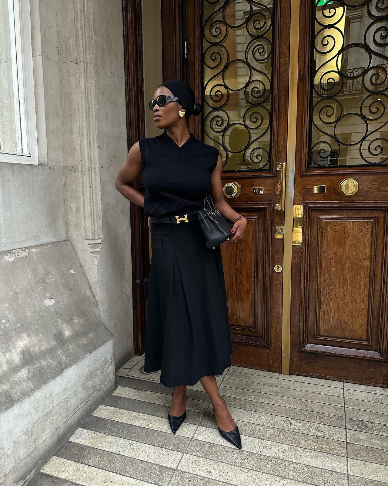 Black Sweater Vest and Pleated Midi Skirt Set — Simple Dressy Outfits